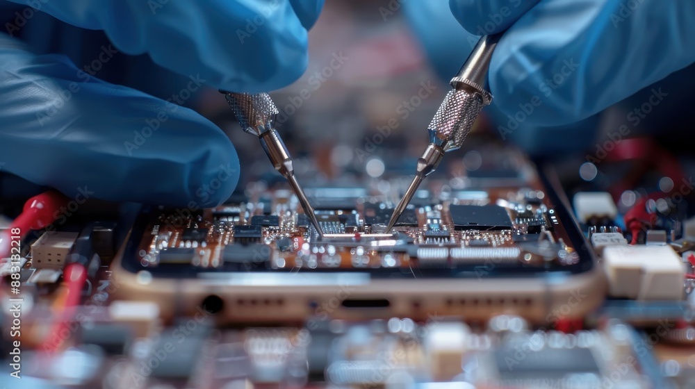 Poster a detailed image of a circuit board being carefully handled with precision tools by gloved hands, re