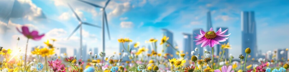 Obraz premium Sustainable Harmony: Eco-friendly Landscape with Vibrant Flowers and Wind Turbines, Modern Cityscape in Background