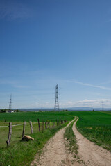 Peaceful summer afternoon, a rural landscape unfolds, featuring a wooden fence alongside a sandy road stretching to the horizon amid green pastures. In the distance, tall power poles are visible