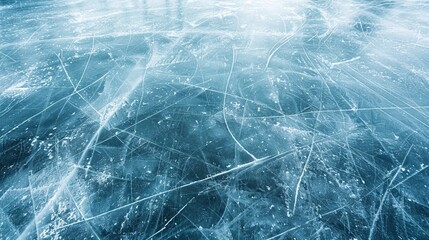 A photograph of an ice surface with abstract patterns, intricate details, and various shades of blue, highlighting the cold and serene beauty of winter's artwork.