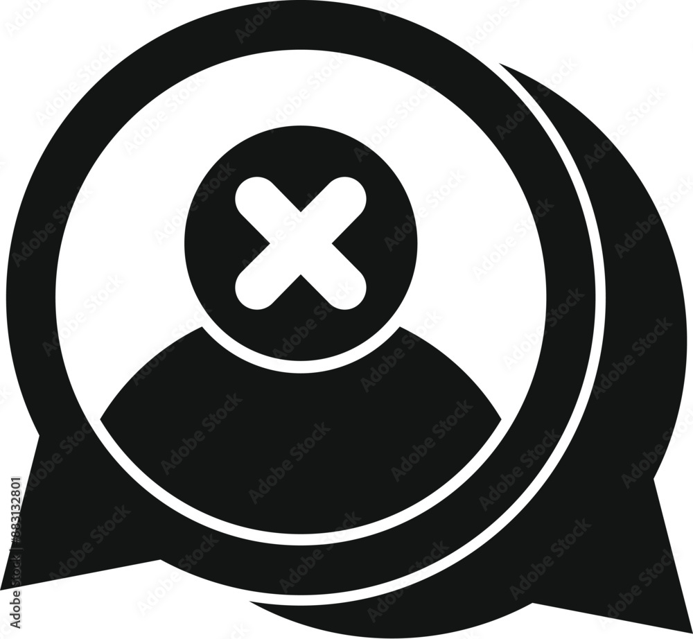 Poster black and white icon of a speech bubble with a crossed out user inside, representing a canceled or d