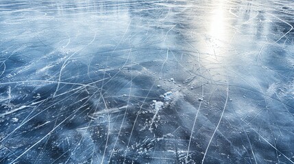 This photograph captures an expansive ice surface reflecting sunlight, showing intricate patterns, detailed cracks, and various shades of blue, offering a serene winter scene.