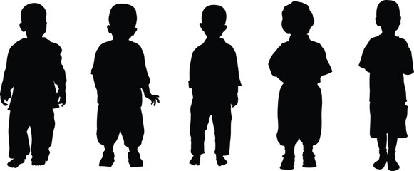 A set of random age little boys standing silhouette vector design. transparent background.