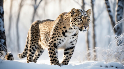 Amur Leopard Prowling Snowy Russian Far East Forest, Rosette-Patterned Coat Gleaming, Frost-Covered Birch Trees Surrounding, Winter Wildlife Beauty - stock photo