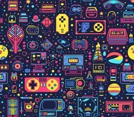 Obraz premium Seamless Retro Arcade Inspired Birthday Party Pattern with Vibrant Pixel Art and Vintage Gaming Console Accents