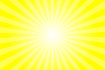 Obraz premium Abstract light yellow sun ray vector background. Radial beam sunrise or sunset light retro design illustration. Light sunburst glowing background.