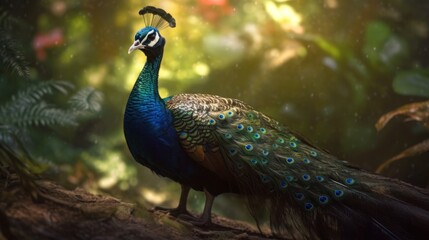 Obraz premium Peacock standing regally in a lush green forest with a blurred background