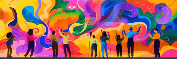 Working together, a group of friends paints a mural on a community wall, adding color and life to the area, this shared artistic endeavor promotes community spirit and collaboration, do it together