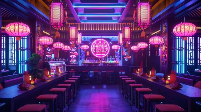Vibrant restaurant interior featuring neon lighting and colorful hanging lanterns, creating a chic and contemporary dining environment that merges traditional and modern design elements.