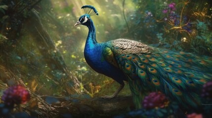 Fototapeta premium Majestic Peacock in a Lush Enchanted Forest