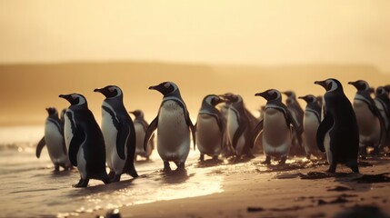 Obraz premium Adelie penguins walking on beach at sunset in Antarctica
