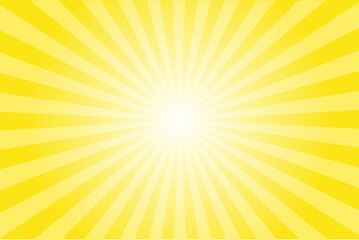 Obraz premium Spectrum yellow sun ray vector background. Radial beam sunrise or sunset light retro design illustration. Light sunburst glowing background.