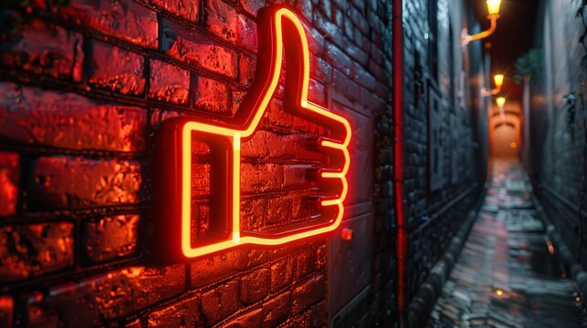 A glowing neon thumbs up sign prominently displayed on a brick wall in a narrow alleyway lit by street lamps and dim light reflections at night.
