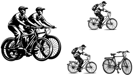 Obraz premium illustration of racing bicycle,Man, woman and child bicycles detailed vector silhouette collection
