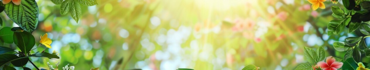 Fototapeta premium Elegant Frame Embellished with Vibrant Summer Nature Elements, Lush Greenery, Colorful Blossoms, and Bright Sunshine, Capturing the Seasonal Memories Perfectly