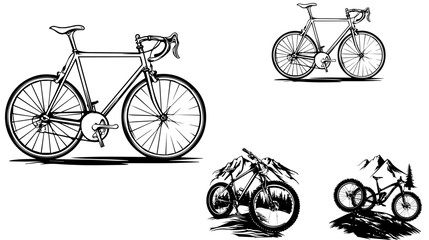 illustration of racing bicycle,Man, woman and child bicycles detailed vector silhouette collection