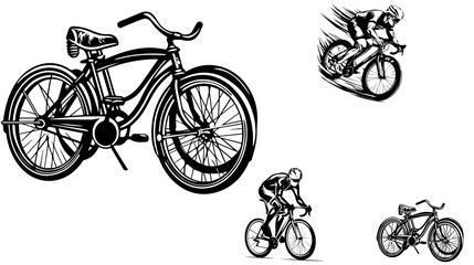 illustration of racing bicycle,Man, woman and child bicycles detailed vector silhouette collection
