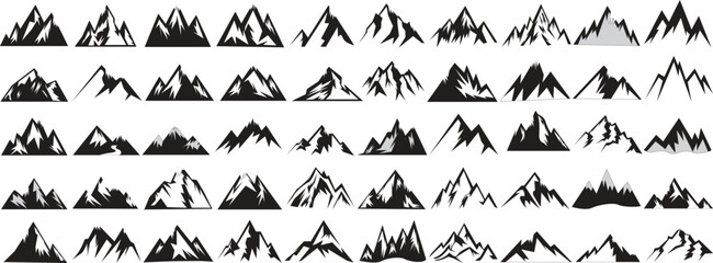 Naklejka premium Mountains icon vector set for hike, travel illustration, camping symbol collection. 01