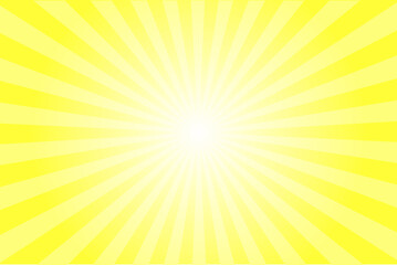Sunshine yellow sun ray vector background. Radial beam sunrise or sunset light retro design illustration. Light sunburst glowing background.