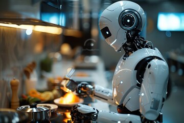 Fototapeta premium A Robot and Its Human Companion Cook Dinner Together