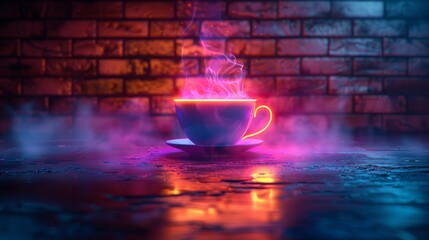 Neon coffee cup with brick wall background, glowing, electric neon