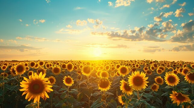 Vibrant sunflower field under blue sky