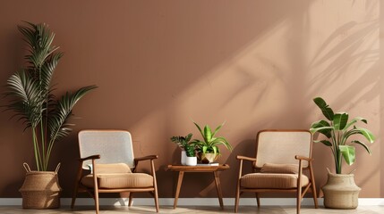 Fototapeta premium Two Mid-Century Armchairs in a Brown Room with Plants, Interior Design, Home Decor, Cozy Living Room, Mid Century Modern , armchair , plants