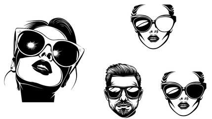 Sunglasses and woman,Men Facial Set,Uomo, donna, occhiali da sole,Female face in glasses, black on a white background,
 texture for design, seamless pattern, vector illustration,headphone