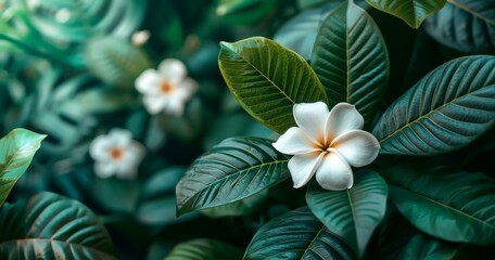 Obraz premium Serene Garden Scene with Blooming White Flowers and Green Leaves