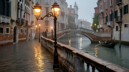 Fototapeta premium A Gondola Glide Through The Mist-Shrouded Canals of Venice