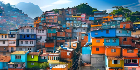 Brazilian favela cityscape with colorful buildings perfect for graphic art projects. Concept Brazilian Favela Cityscape, Colorful Buildings, Graphic Art Projects,