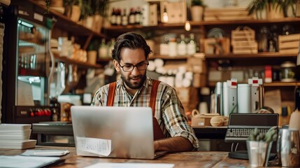 Small Business Owner Analyzing Budget Data on Laptop for Future Planning