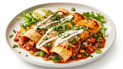 Close-up of Three Enchiladas Topped with Sour Cream, Cheese, and Parsley on a White Plate, enchilada , mexican food ,  dinner , dish