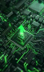Fototapeta premium Sustainable Future Symbolized by a Green Arrow Emerging from a Microchip on a Circuit Board: Eco-Tech Advancements in Sustainable Electronics