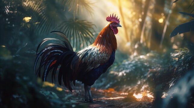 Colorful rooster standing proudly in a lush green jungle with vibrant sunlight filtering through the leaves - Powered by Adobe