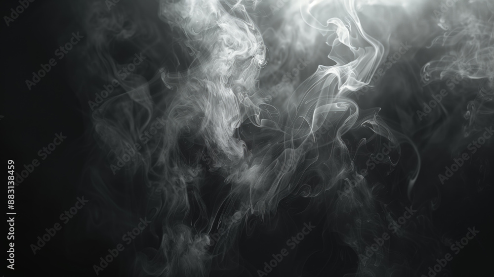 Poster wisps of white smoke in a dark background forming intricate patterns and shapes. suitable for design