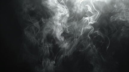 Wisps of white smoke in a dark background forming intricate patterns and shapes. Suitable for design concepts, Halloween setting, backgrounds, and visual effects.