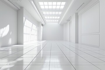 A white empty room with a square tile floor and white walls with a skylight above, a futuristic interior design.