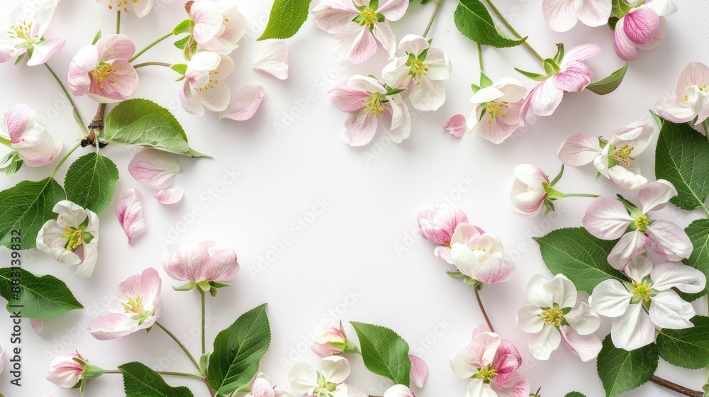 Poster apple tree flowers arranged on white background in a square frame flat lay with copy space