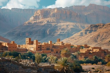 Obraz premium Ancient Fortified Villages in Mzab Valley Under Dramatic Mountain Range - Perfect for Travel Brochures and Historical Posters