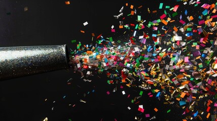 Vibrant confetti burst from cannon against dark background