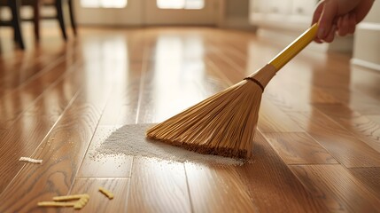Sweeping the Floor: Hands using a broom to sweep dust and debris into a dustpan on a hardwood floor.
