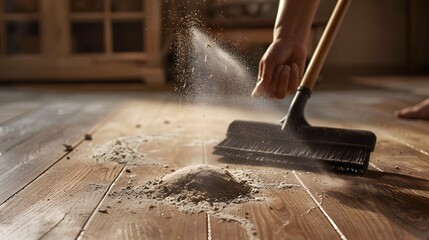 Sweeping the Floor: Hands using a broom to sweep dust and debris into a dustpan on a hardwood floor.
