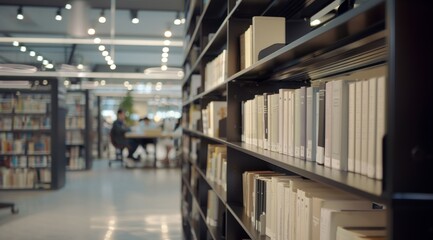 Blur background of children reading a book at spacious public library with large windows and natural scenery. Natural light interior photography.
