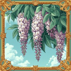 Painted Hydrangea Blossoms, Artwork of Purple Flowers in a Framesque Illustration