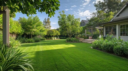 lush, green backyard of a Suburban Colonial home featuring a perfectly manicured lawn and small orchard