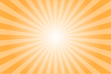 Obraz premium Sun ray vector yellow orange background. Radial beam sunrise or sunset light retro design illustration. Light sunburst glowing background.