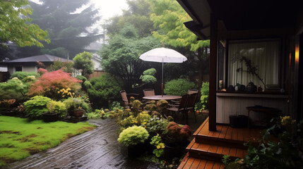 A house with a porch and a garden with yellow flowers. The flowers are in pots and the garden is wet from the rain