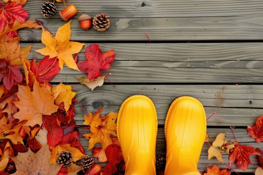 A Pair Of Yellow Boots On A Fall Day - Powered by Adobe