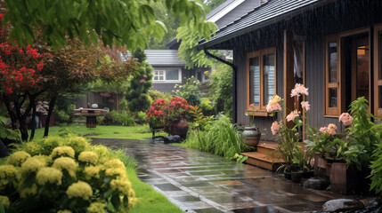 Fototapeta premium A house with a porch and a garden with yellow flowers. The flowers are in pots and the garden is wet from the rain
